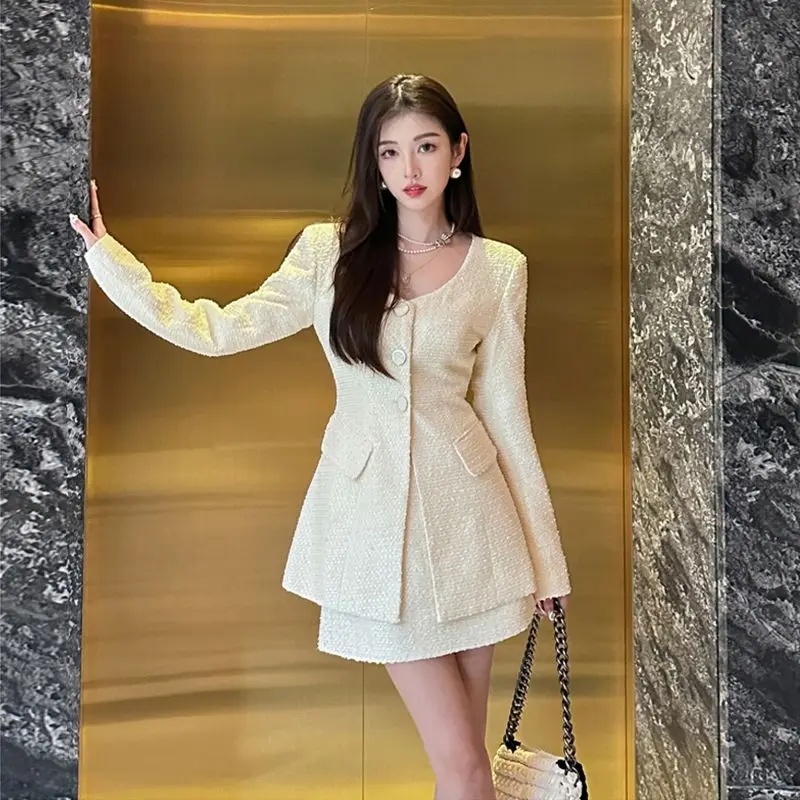 New Small Fragrant Fashion Autumn Women's Suit  Elegant O-neck Long Sleeve Jacket Coat + Mini Skirt Solid Color Two Piece Set