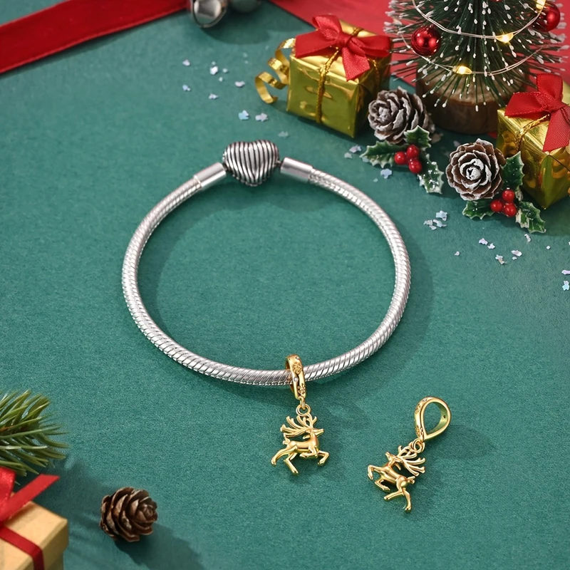 925 Sterling Silber Charms Perlen Weihnachtsglocke Socken Lebkuchenmond Anhänger Passend für Original-Armband Damen DIY Schmuck Geschenke – Detail 12