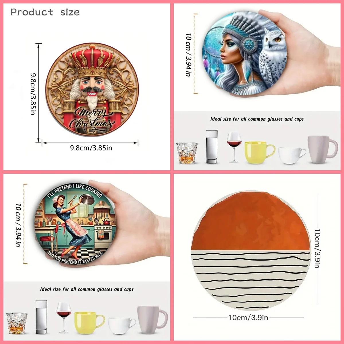 6-Piece round coaster Cartoon characters, Patterned wooden Material is very Suitable for Carnival party desktop Decoration