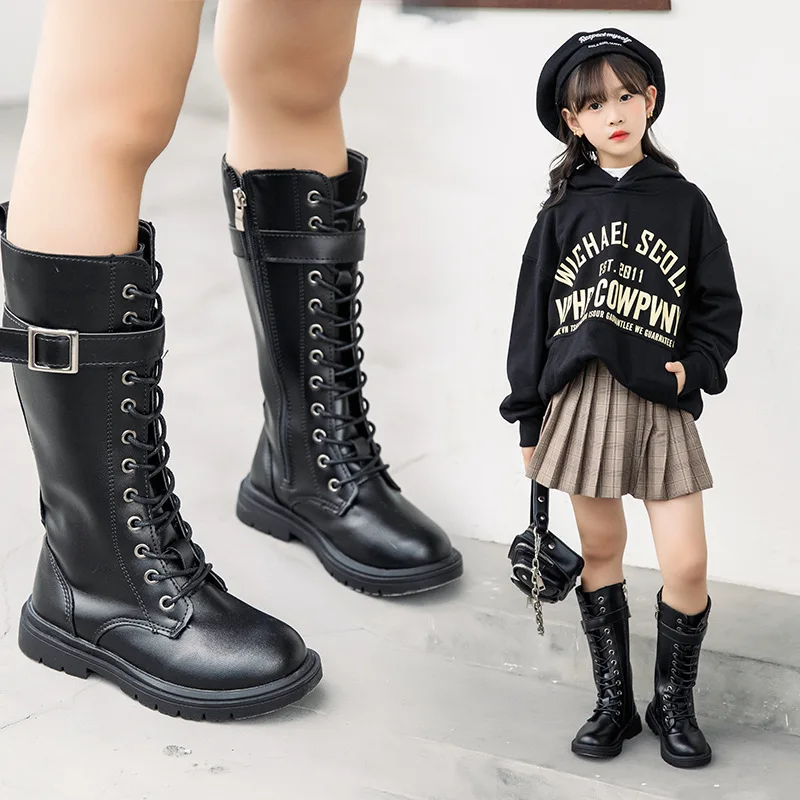 Girls Boots 2023 Autumn New Fashion Leather Knee-length Long Boots Princess High Top Kids Shoes Casual Children Cotton Boots