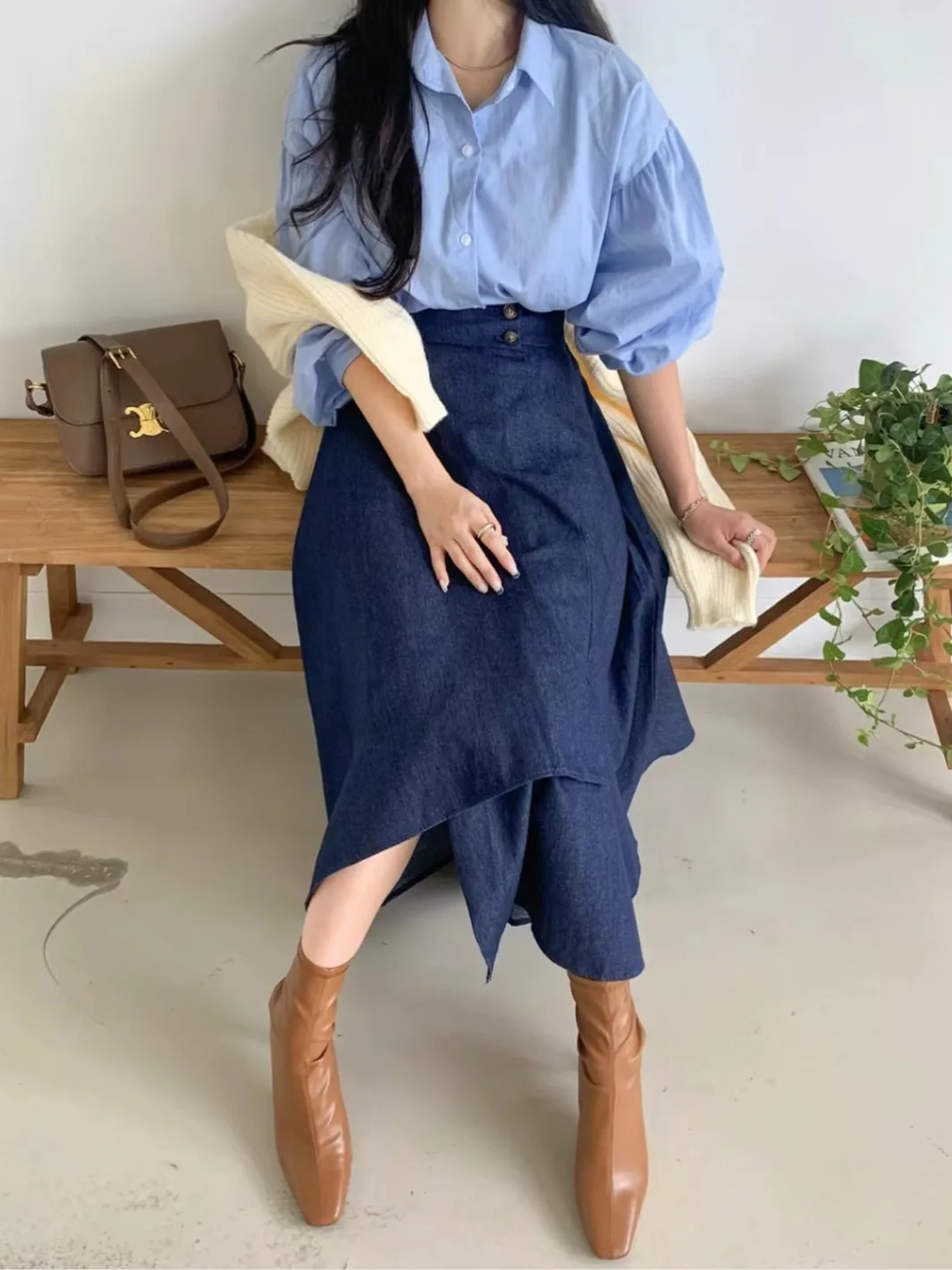 

Chic Spring New Gentle Milk Blue Lantern Sve irt High Waist Slimming Asymmetrical f-length Skirt Set Women's Faion