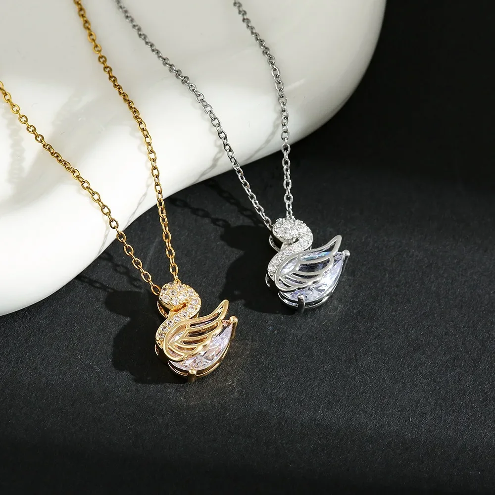 Luxury Trendy Crystal Swan Wings Pendant Necklace for Women Cute Gold Color Stainless Steel Bride Collar Jewelry Gift Colorfast