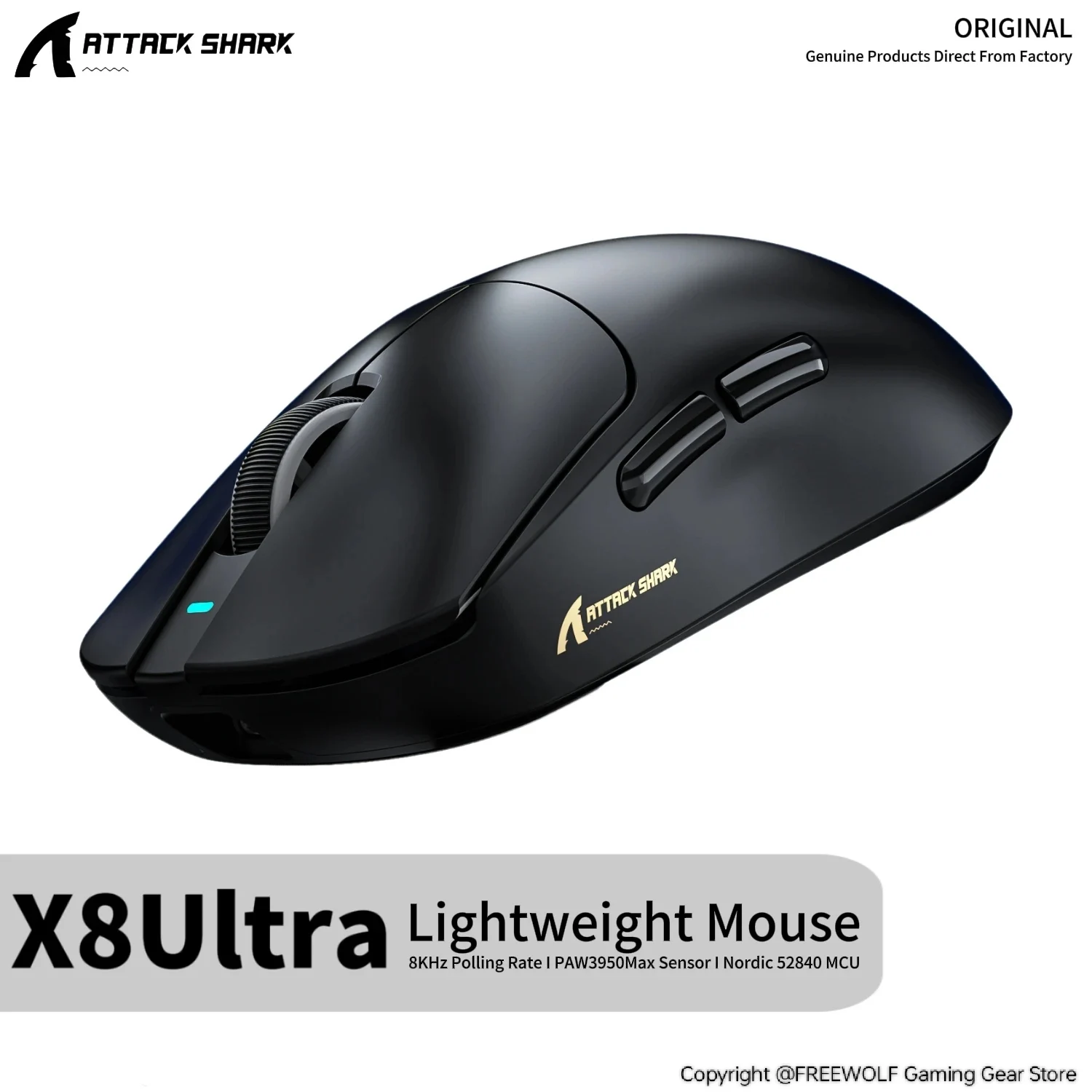 X8Ultra Low Power Mouse Attack Shark PAW3950Max Sensor,42000DPI,Nordic 52840 Controller,Wired/2.4G/BT,500mAh Capacity