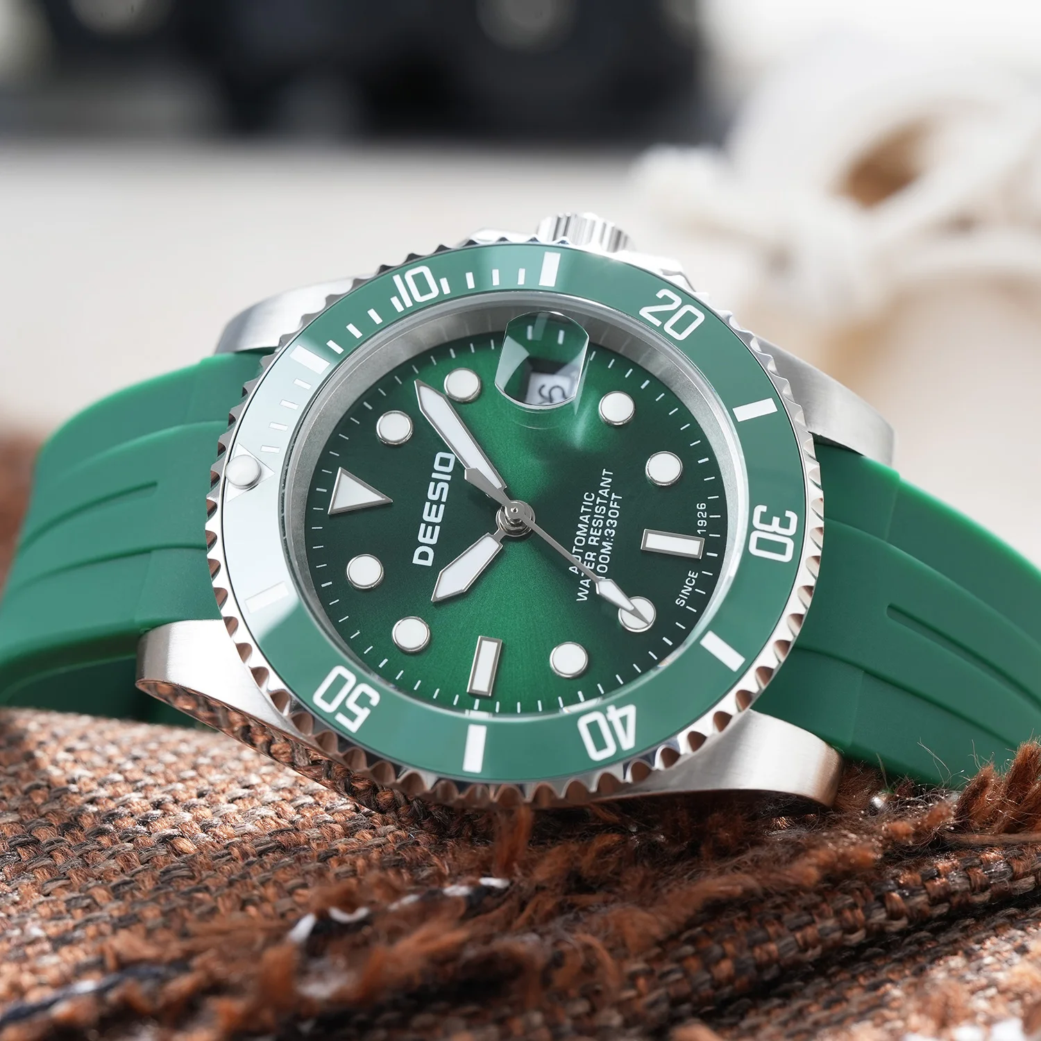 Deesio Men's Full Automatic Mechanical Watch 316L Stainless Steel Case Luminous Hands Upgrade 100M Waterproof Silicone Strap Date Display Mineral Glass Business Casual Self-Wind Sweatproof Luxury Chronograph Wristwatch for Men Classic Green Style