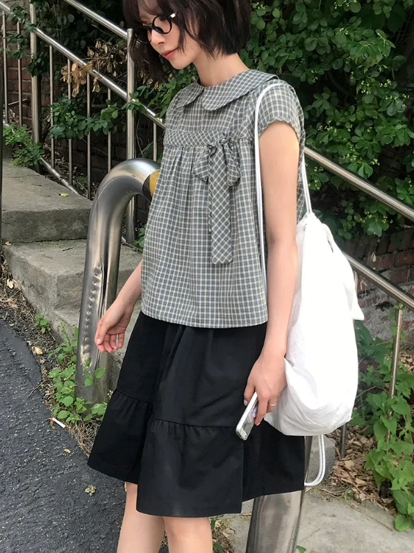

Cute Plaid Doll irt Women's Summer New Sle Versatile Doll Collar Knot ort Length Top Sweet Anti-aging