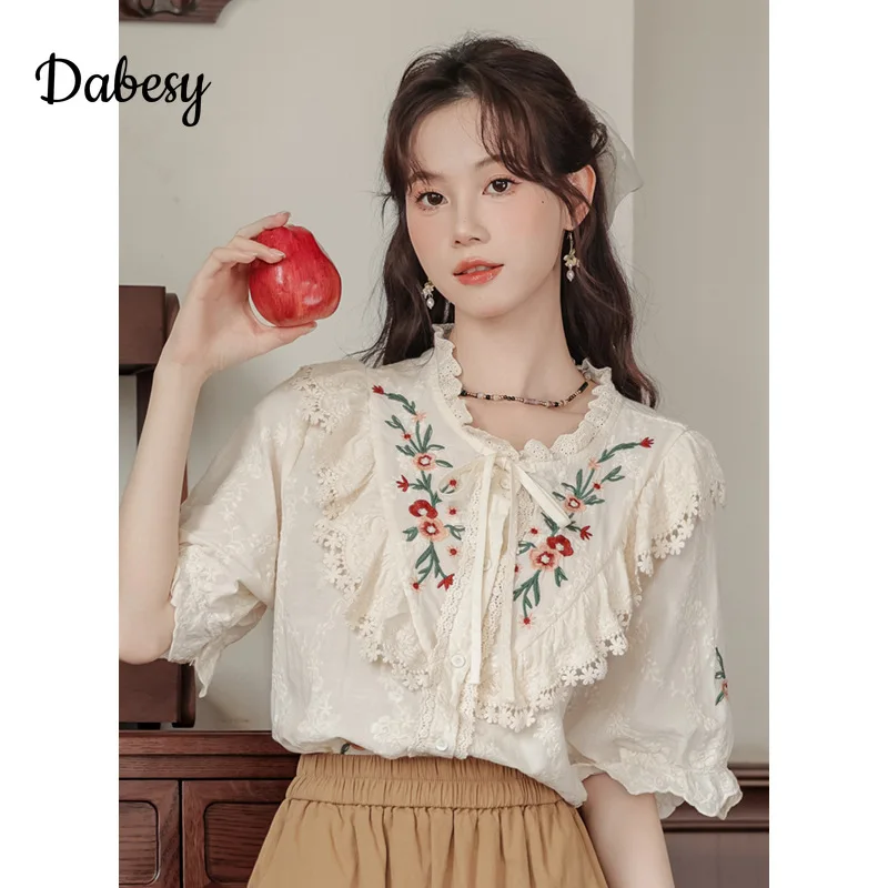 Vintage Lolita Ruffles Embroidery Cotton Shirt Women Summer Japan Mori Girl Lace-up Puff Sleeve Blouse Sweet Kawaii Casual Tops