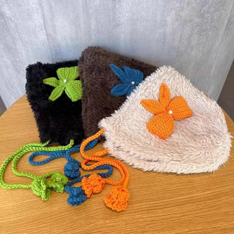 Winter Lovely Plush Knitted Woolen Hat Outdoor Warm Ear Protective Hat Woman 3