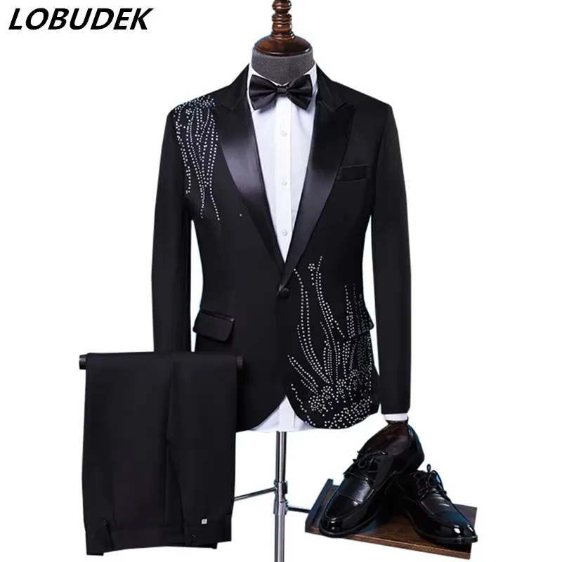 Fashion Men's Wedding Suit Black White Crystal Stand Collar Blazers Pants Set Banquet Host Evening Party Photograph Suits