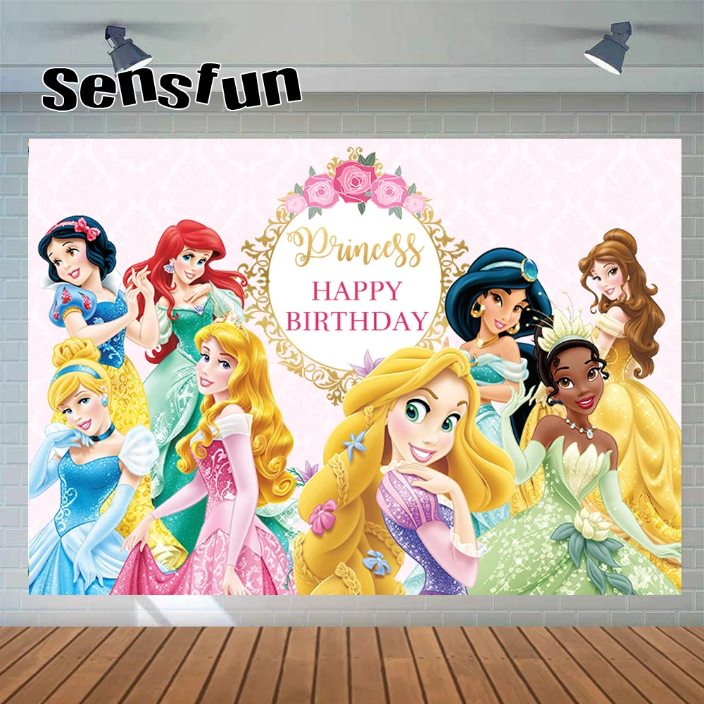 

Cartoon Princess Photography Backdrop Pink Flower Gold Frame Girls Birthday Party Backgrounds For Photo Studio