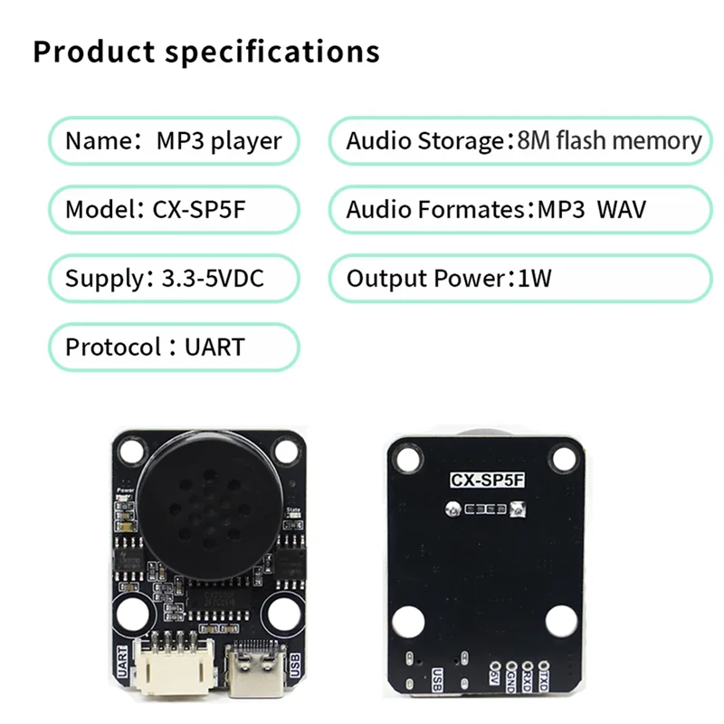 ABGI-CX-SP5F Модуль воспроизведения голоса MP3 UART Управление последовательным портом Интеллектуальная голосовая трансляция Модуль голосового плеера MP3