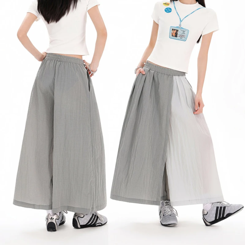 Women's Water-Repellent Summer Skirt-Pants – Mid-Waist, Asymmetrical Hem & Color-Block Design for Urban Outdoor & Casual Wear