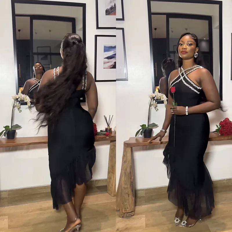 Zwarte riem strass sexy socialite bandage lange avondjurk