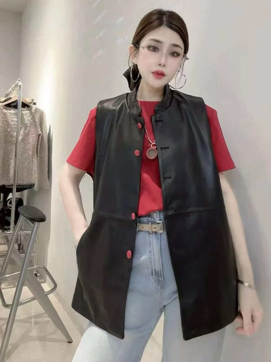 

2025 New Women's eepskin Leather Vest ort Svel Jaet Slimming Versatile Trendy Outerwear Commute Sle Youth Faion