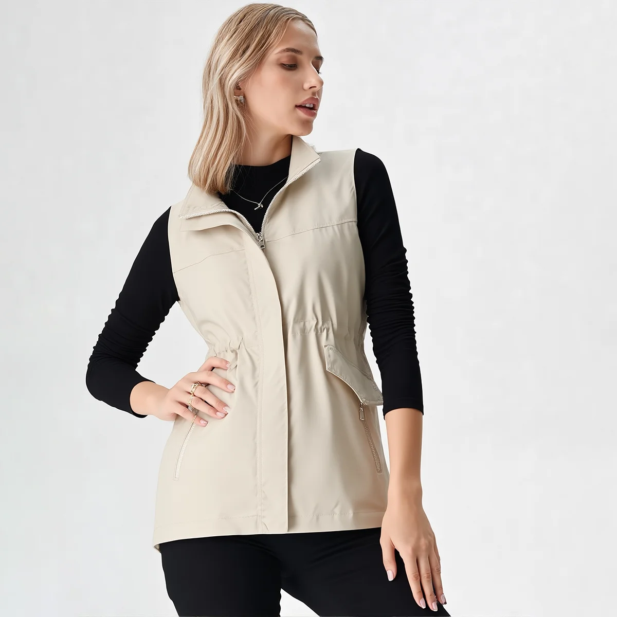 

2026 New Women Adjustable Lining Drawstring Waist Slim Mid Long Vest Jacket Spring Fall Casual Daily Wear Machine Washable
