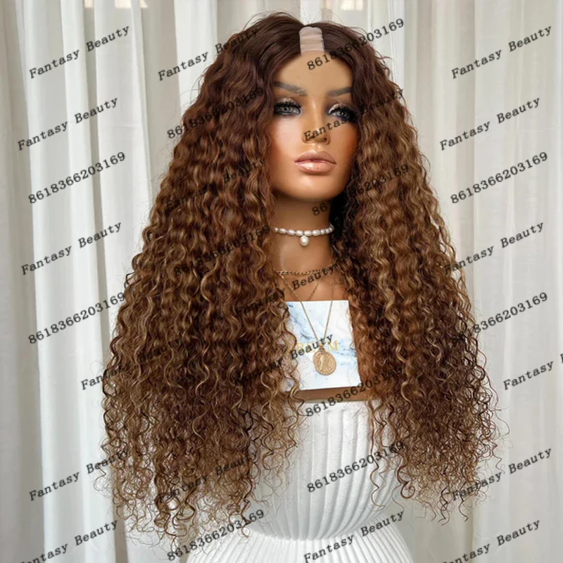 Easy Daily Wear Middle U Part Remy Human Hair Wigs for Black Women Highlight Water Curly Bayalage Brown V Part Wigs Natural Hair