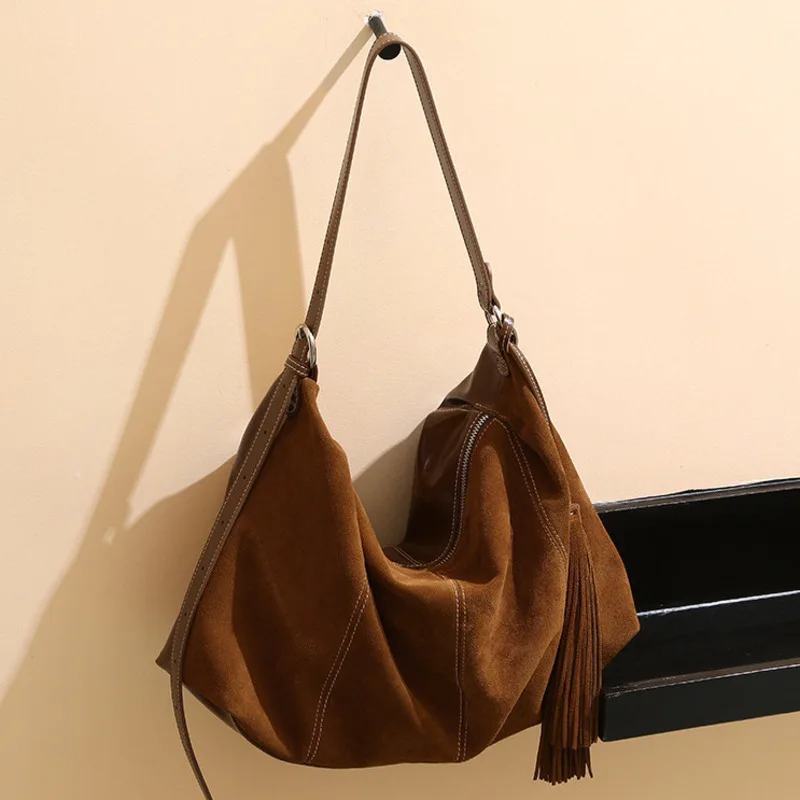 Autumn And Winter New Women's High-end Tote Bronze Handbag High Silk Matte Cowhide Splicing Bag Female Top-handles Leather Suede