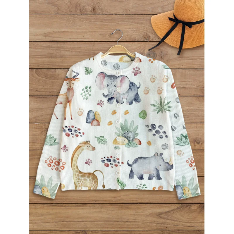 

Forest Style Sweet Lion Lion Giraffe Digital Print Girls' Sweater Cardigan Thickened Loose Round Neck Long Sleeve Button Autumn