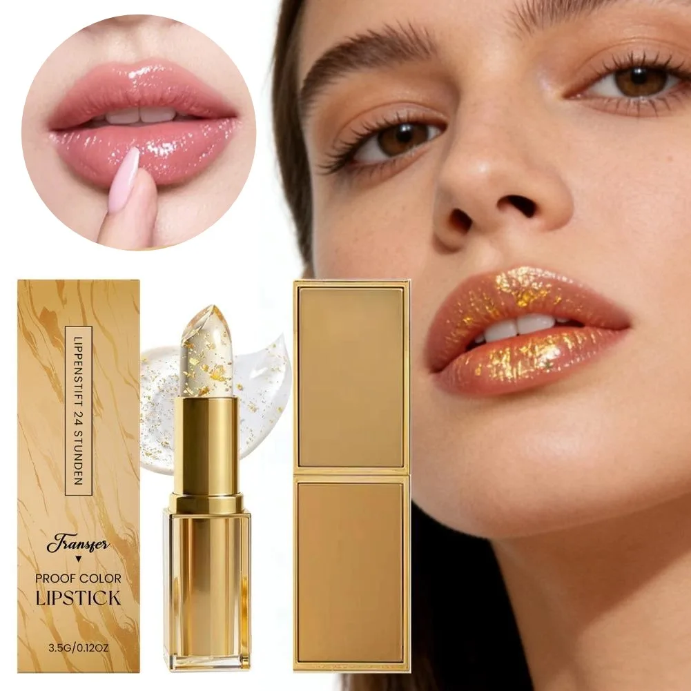 Gold Foil Color Changing Jelly Lipstick,Moisturizing pH‑Reactive Lip Balm, Shiny Glass Non-stick Hydrating Lip Balm Lip Makeup