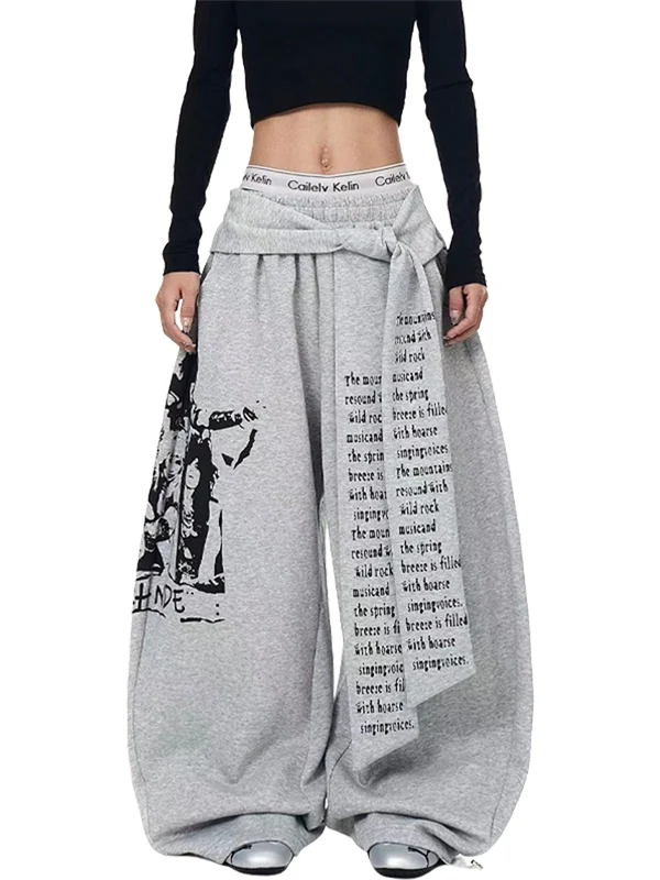 American Retro Graffiti Print Belted Layered Casual Sweatpants Women's High Waist Loose Straight Leg Wide Leg Pants