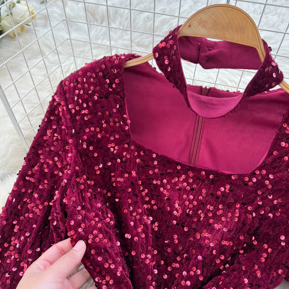 Chique vintage halter veludo manga longa elegante fada coreano moda vestido de verão roupas femininas vestido longo