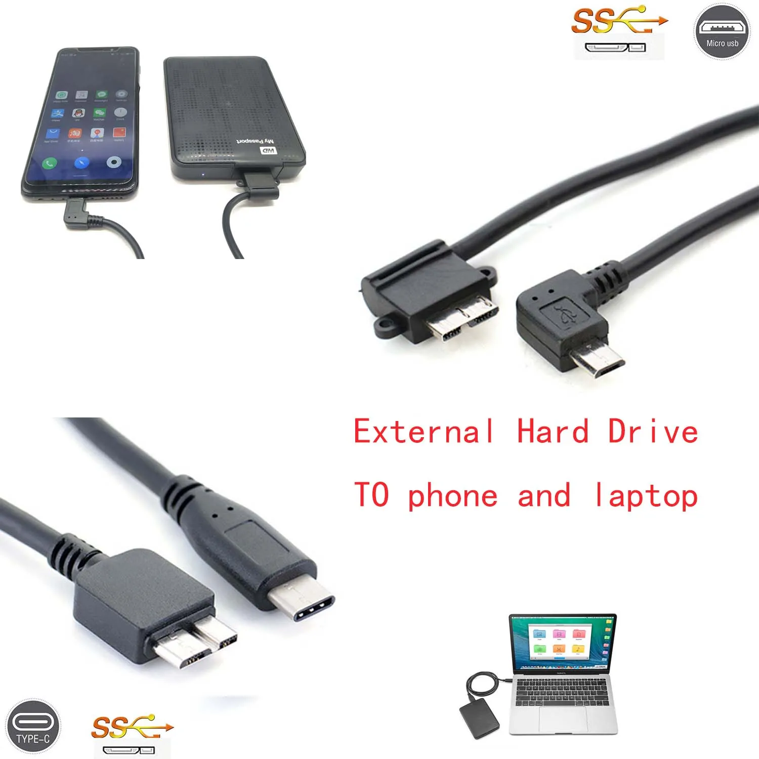Type C USB-C & Micro Usb 2.0 To USB 3.0 Micro B Cable Connector Phone To External Hard Drive for PORTABLE 2.5 3.5 HDD