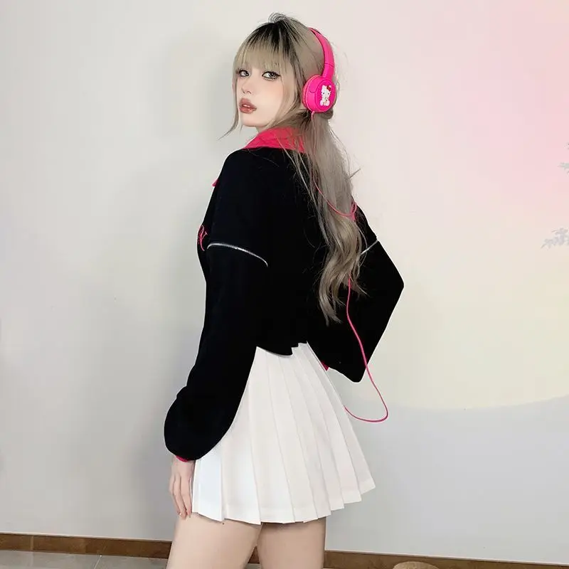 Polo-neck Women Sweatshirts Letter Printed Zip Irregular Long-sleeved High Street Y2k Tops Autumn New Arrival Streetwear Female
