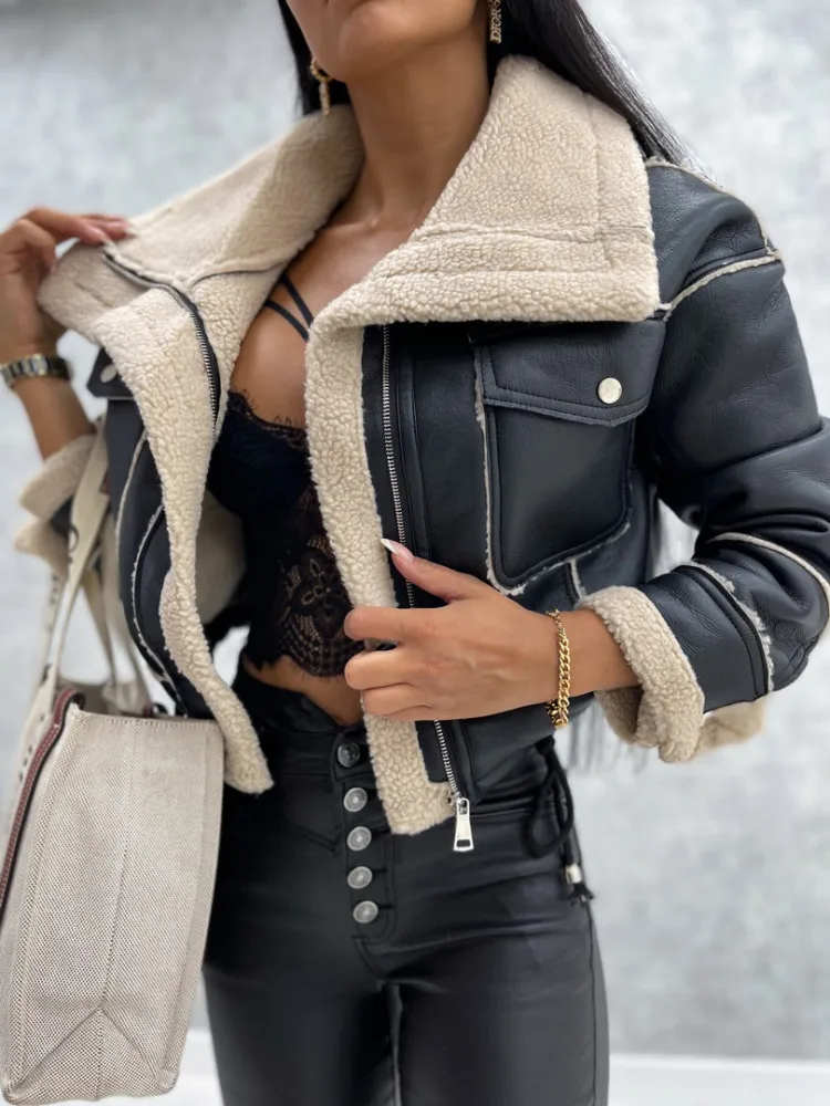 hirigin Women Winter Faux Leather Jacket Long Sleeve Lapel Fleece Linen Coat Zip Up Motorcycle Jacket Warm Sherpa Coat Outwear