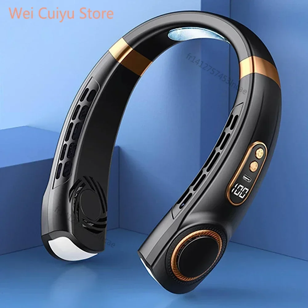 2025 New Portable Neck Fan USB Handheld Mute LED Digital Display Leafless Mini Electric Fan Colorful Atmosphere Lights 5th Gear