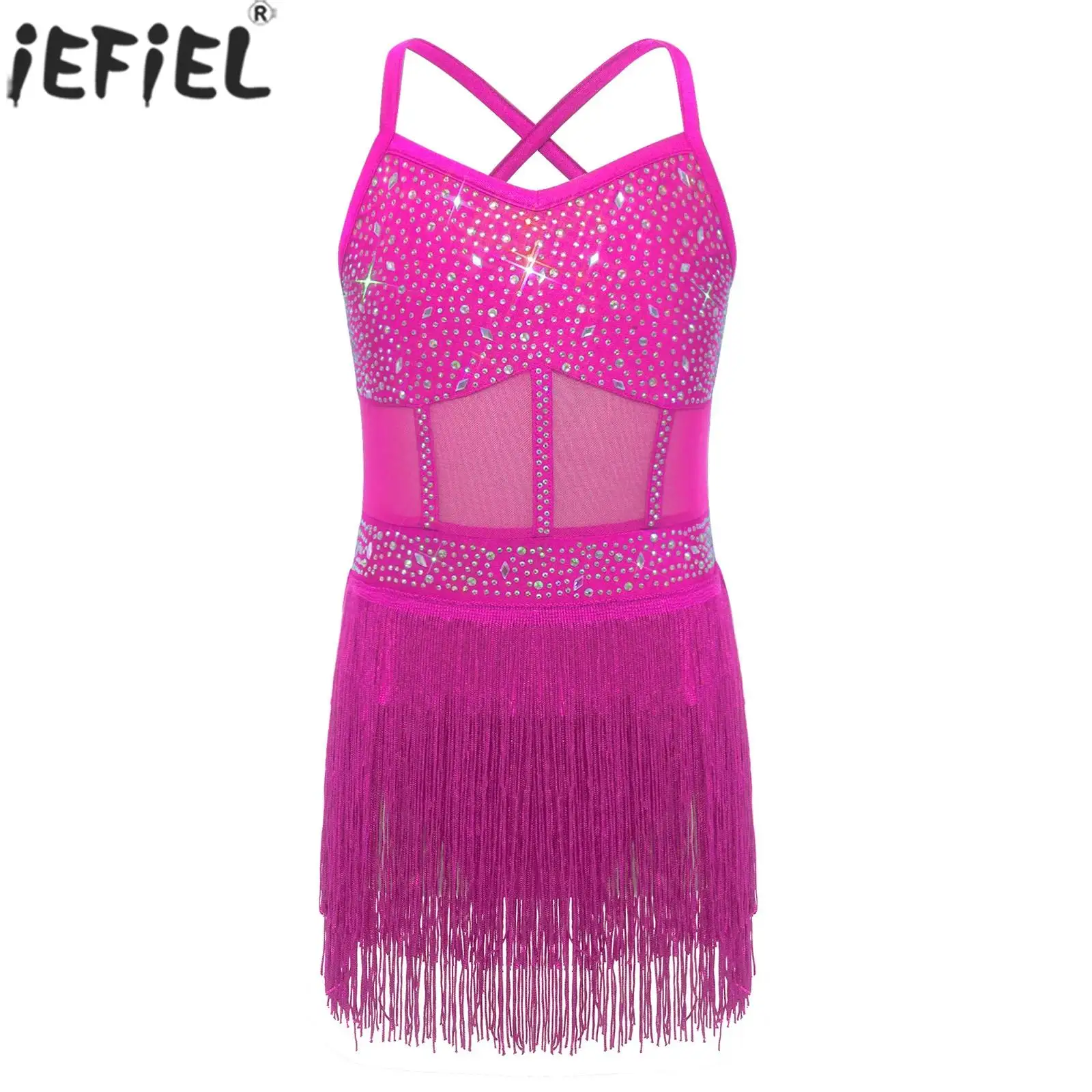 Kids Girls Latin Tango Dance Performance Costume Shiny Rhinestone Sheer Mesh Tassel Cha-cha Samba Rumba Ballroom Leotard Dress