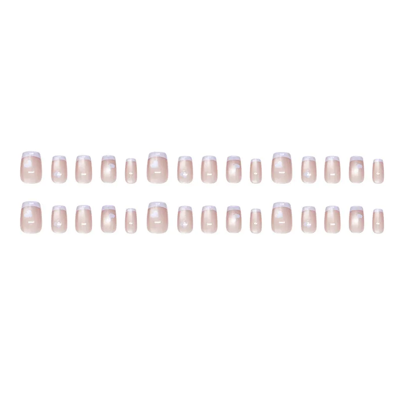 24pcs Nude Pink Cat Eye Press On Nails White French Tip Line Dot Minimalist False Nail Short Square Fake Nail for Women&Girl 5