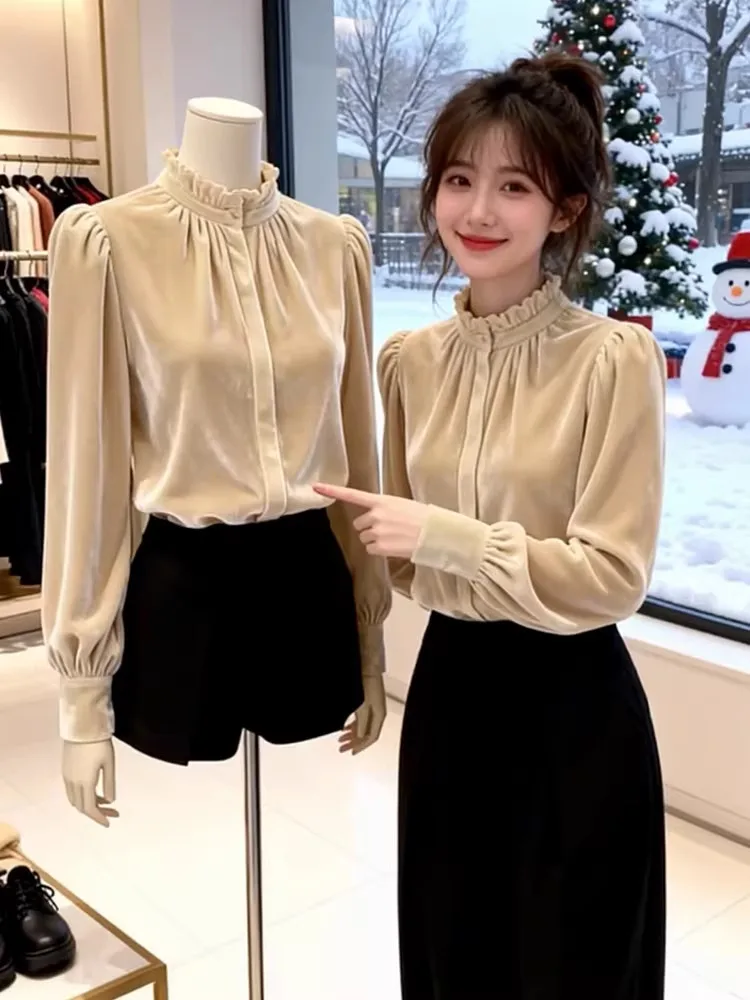 

Spring 2026 Velvet irt with Wood ain Long Sve Stand Collar Slimming Versatile Top French Sle Loose Fit Ladies B...