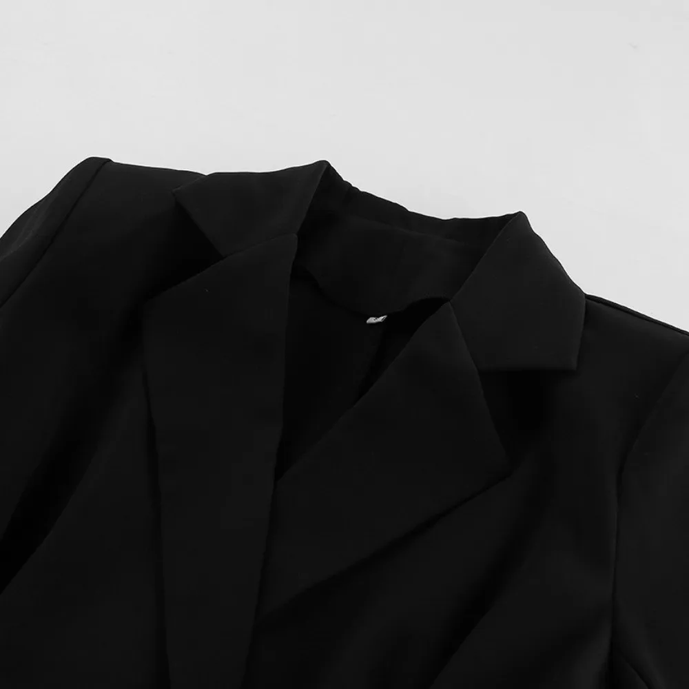 Solid Black Blazer And Skirt Set Notched Lapel Double Button Women Two Piece Suit Waist Pleat Long Sleeve Formal Skirt Suit