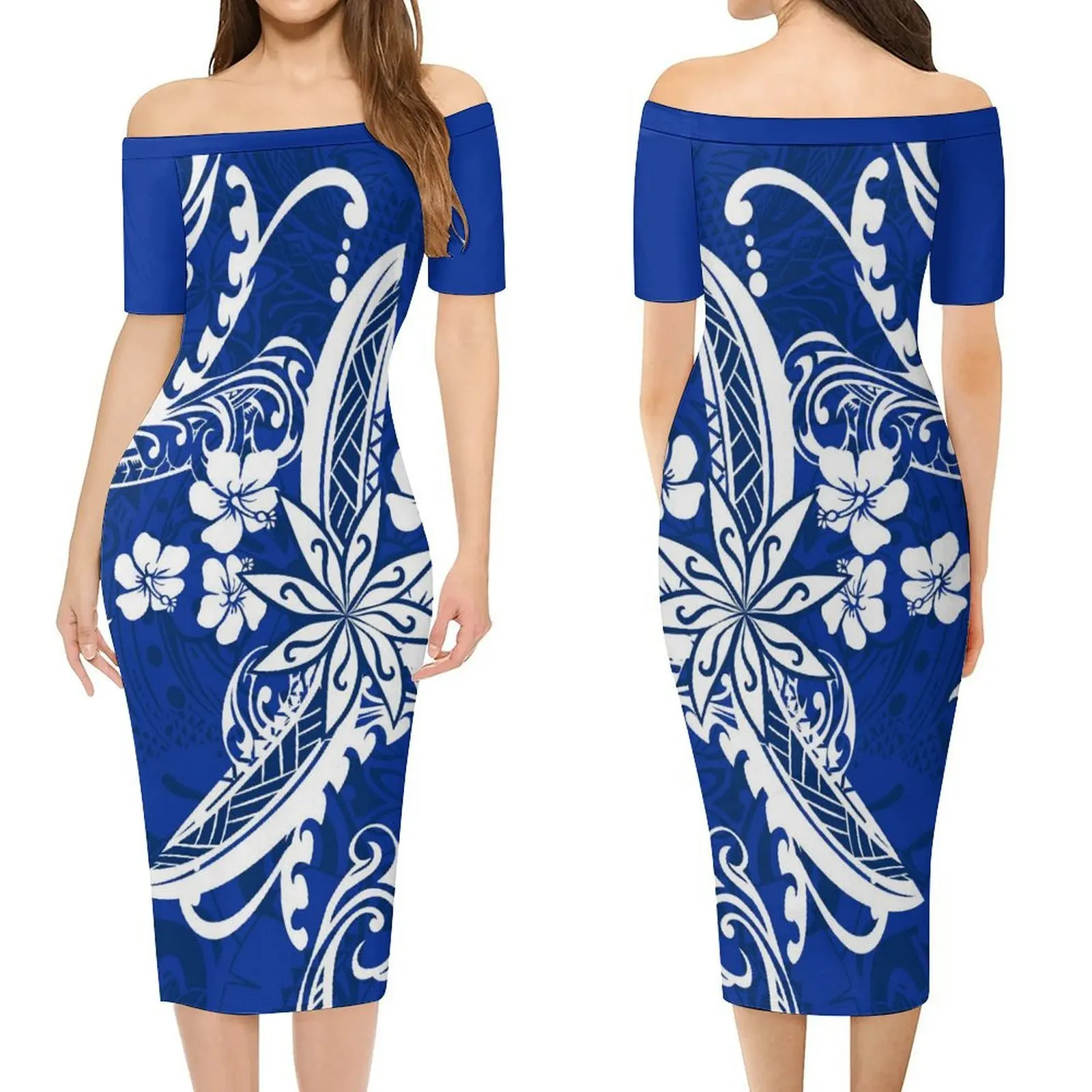 사모아 히비스커스 꽃이 있는 맞춤 디자인 여성 드레스 패턴 태평양 섬 폴리네시아 슬림핏 원숄더 드레스