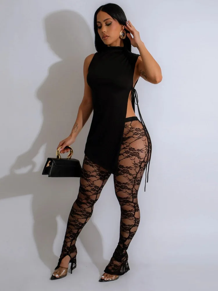 Sleeveless Round Neck Split Top Paired With See Through Lace Slim Pants Two-Piece Set