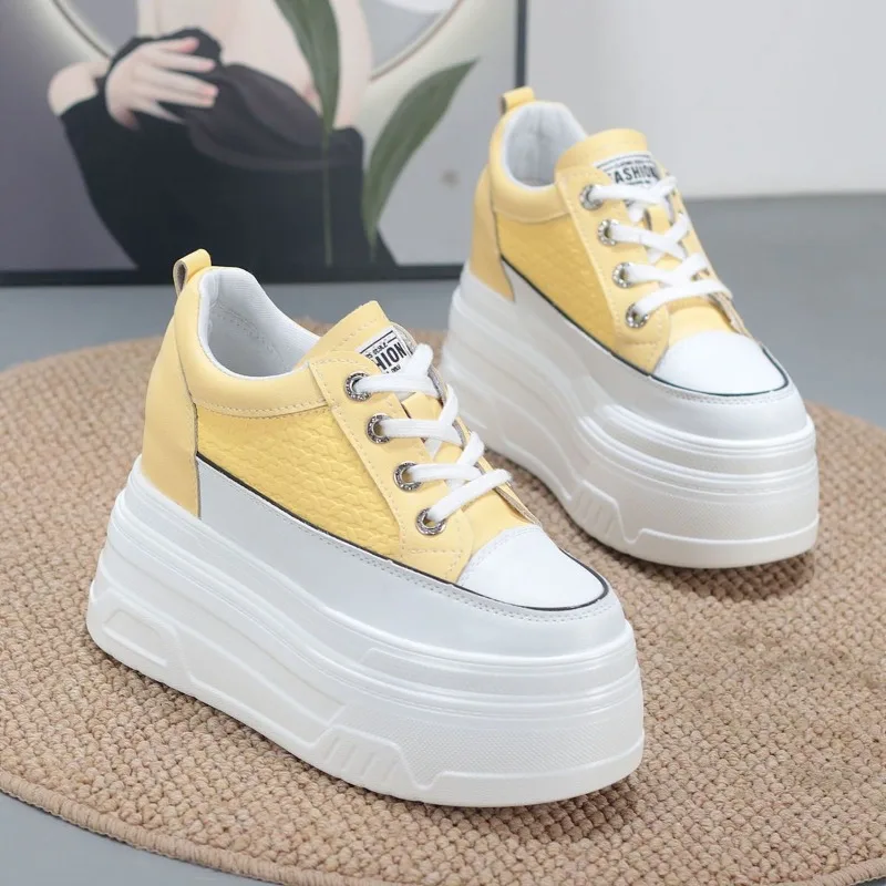 2026 New 10CM Genuine Leather Comfy Breathable Hidden Heel Flats Skate Board Platform Wedge Sneakers Vulcanized Chunky Shoes