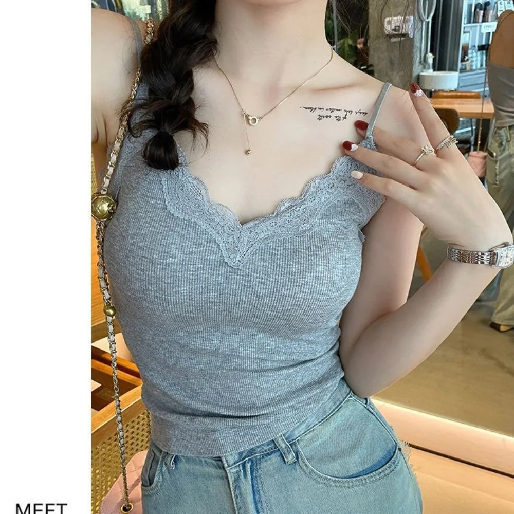 Comfort Breathable Lace Camisole Strap Bra Wire-Free Summer Top Solid Color Sexy Style Crop Top