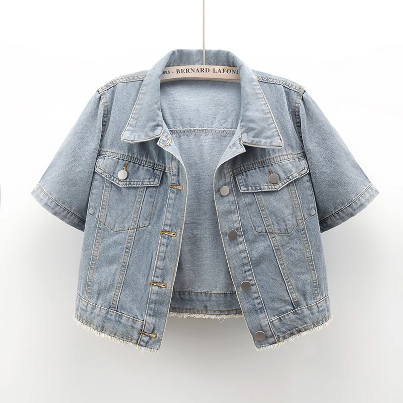 

Vintage Blue Summer Thin Denim Jackets Women Hem Frayed Cowboy Outerwear Korean Big Pocket Short Sleeve Jeans Jacket Coat Female