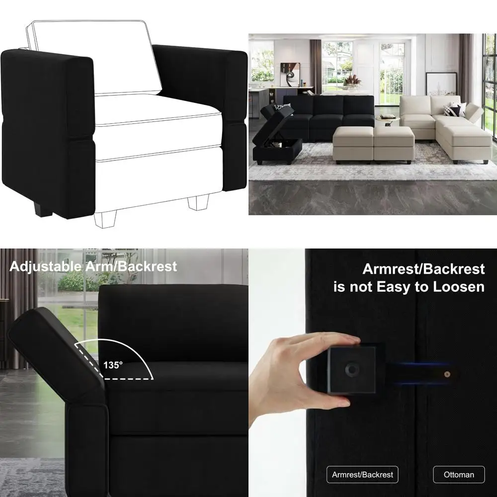 Modular Sectional Sofa Velvet Black Armrest and Backrest Module for Couch Side Comfort and Support