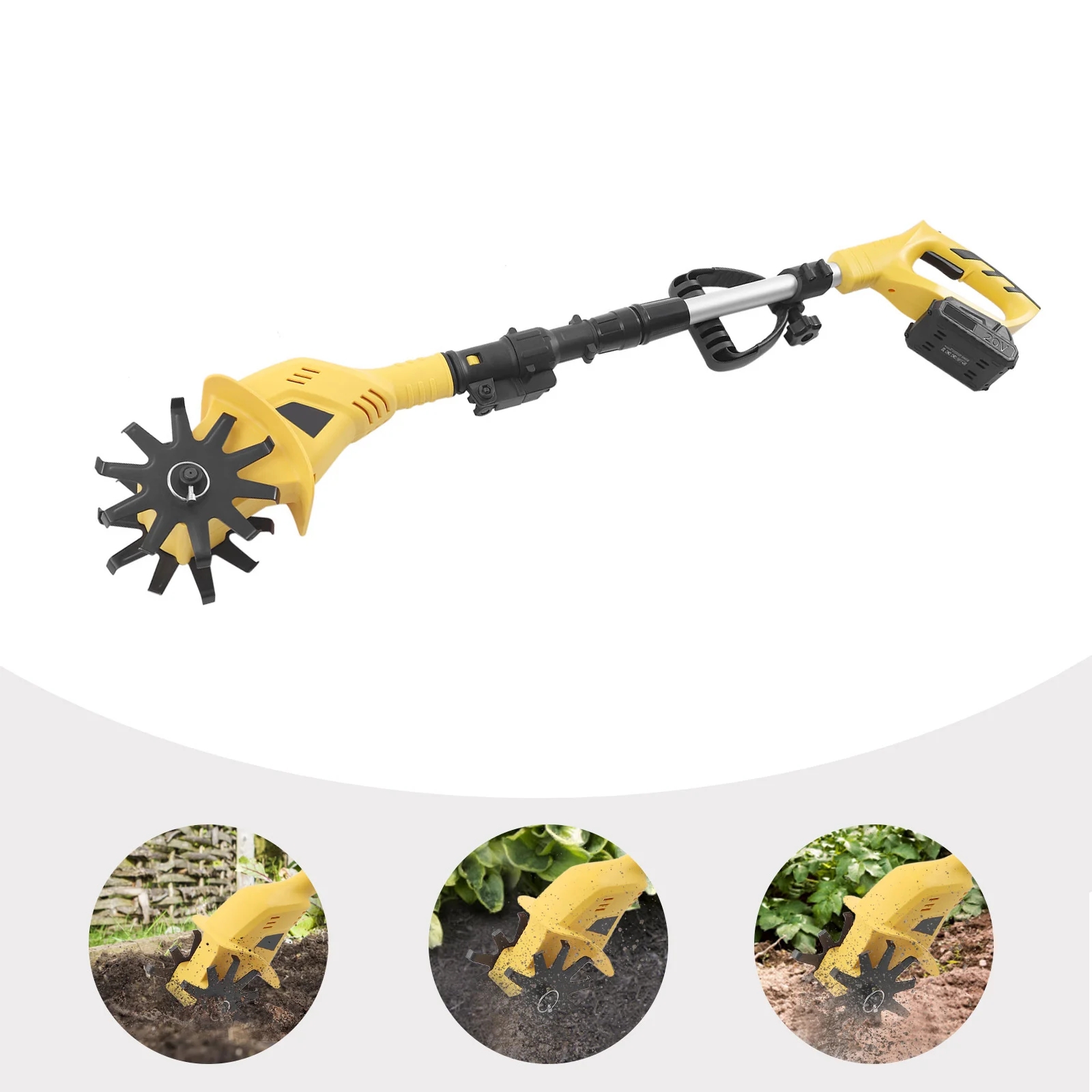 20V 250RPM Electric Tiller, 3.9inch Wide Battery Operated Garden Cultivator Steel Pits Max Ground Depth  Extendable Pole