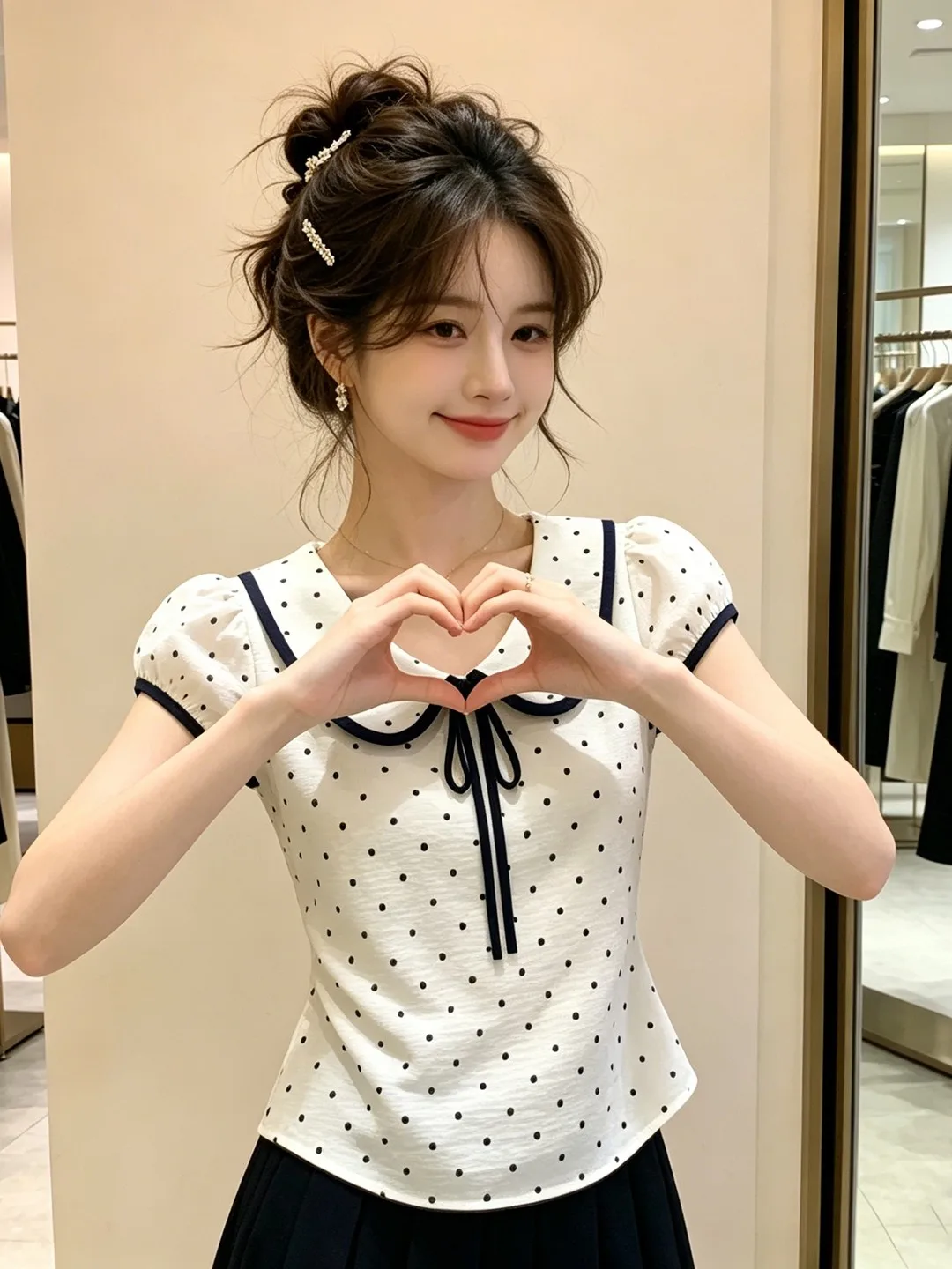 Polka Dot Contrast Color Doll Collar Short Sleeve T Shirt Women Summer New  Knot Waistband Slimming INS Top