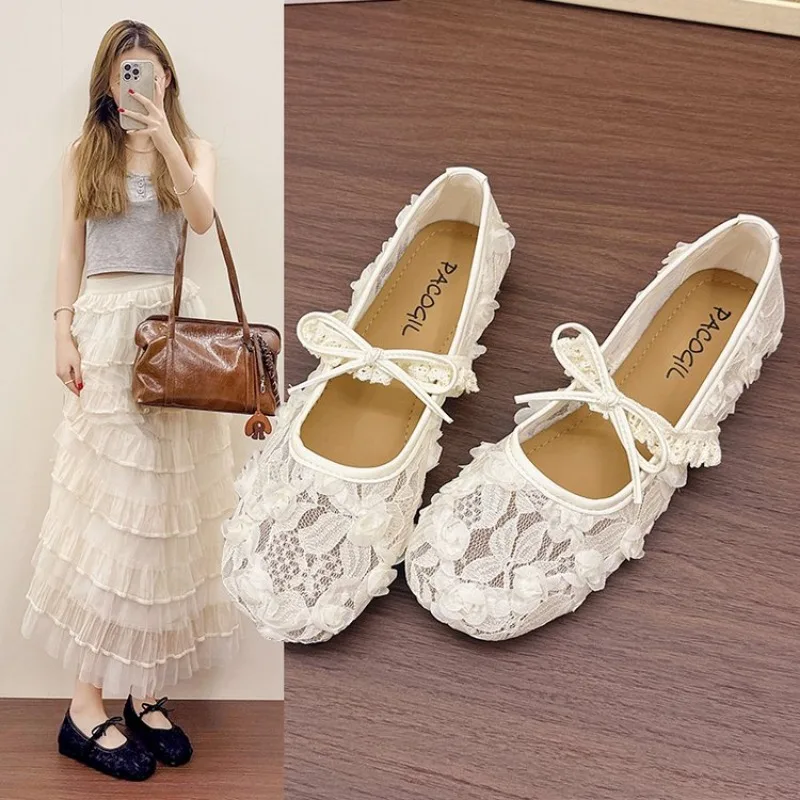 

2025 Spring Lace Women Mary Jane Shoes Fashion Slip On Comfort Street Style Soft Sole Female Dress Flats Shoes Plus Size 41 42