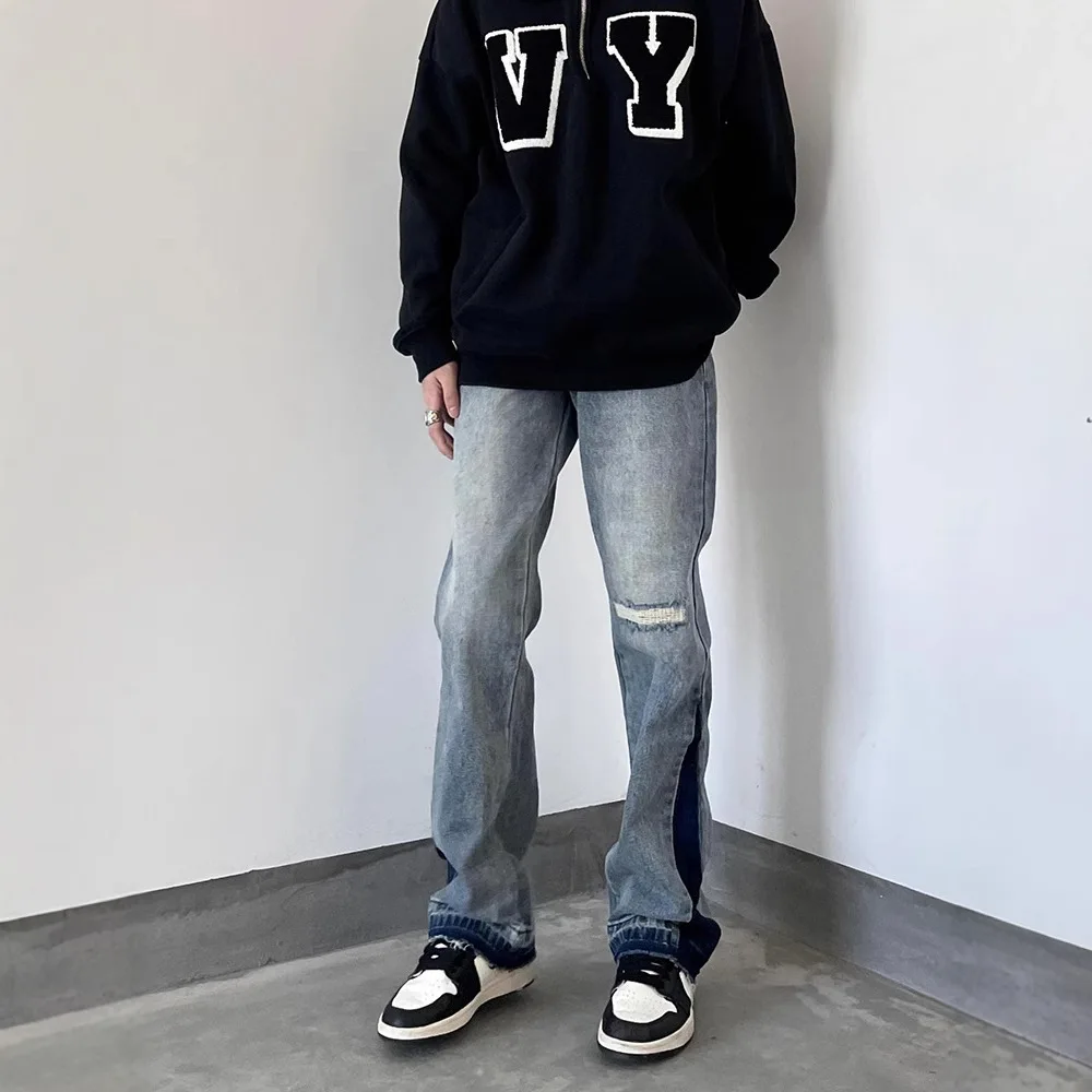 American Vintage New Fashion Men's Spliced Casual Trendy Simple Basic Loose Washed Denim Trousers Male Wide Leg Flare Jeans