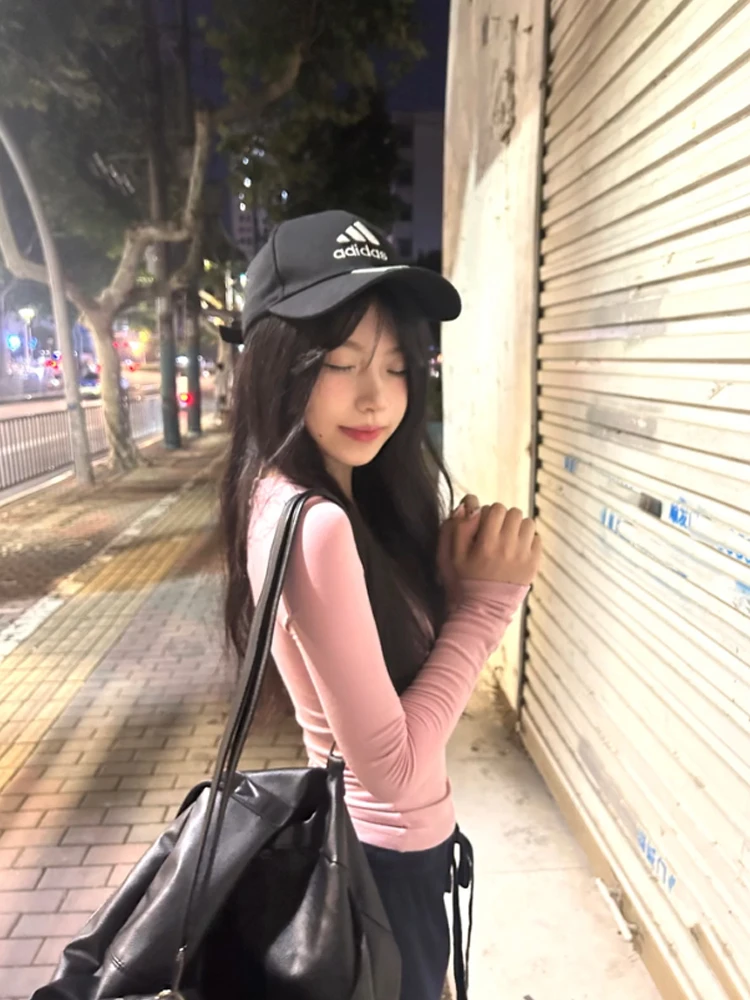 Cseta de Manga Larga Rosa con Cuello en V Estilo Americano para Mujer, Ropa Interior Sexy Elástica y Ajustada para Otoño