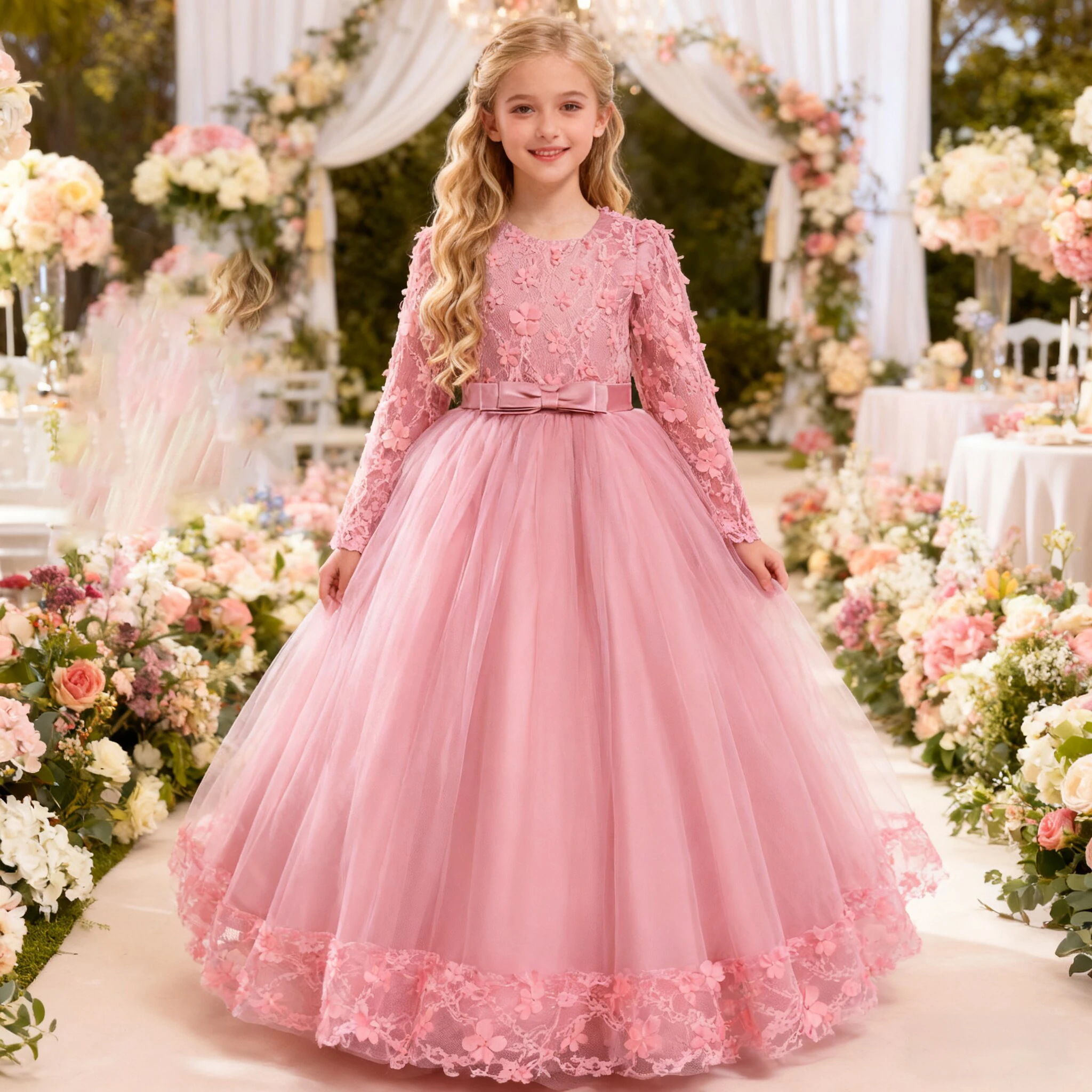 

Customized Flower Bridesmaid Girls Dress Children Christmas Lace Bow Princess Kids Dressees For Girl Party Wedding Gown