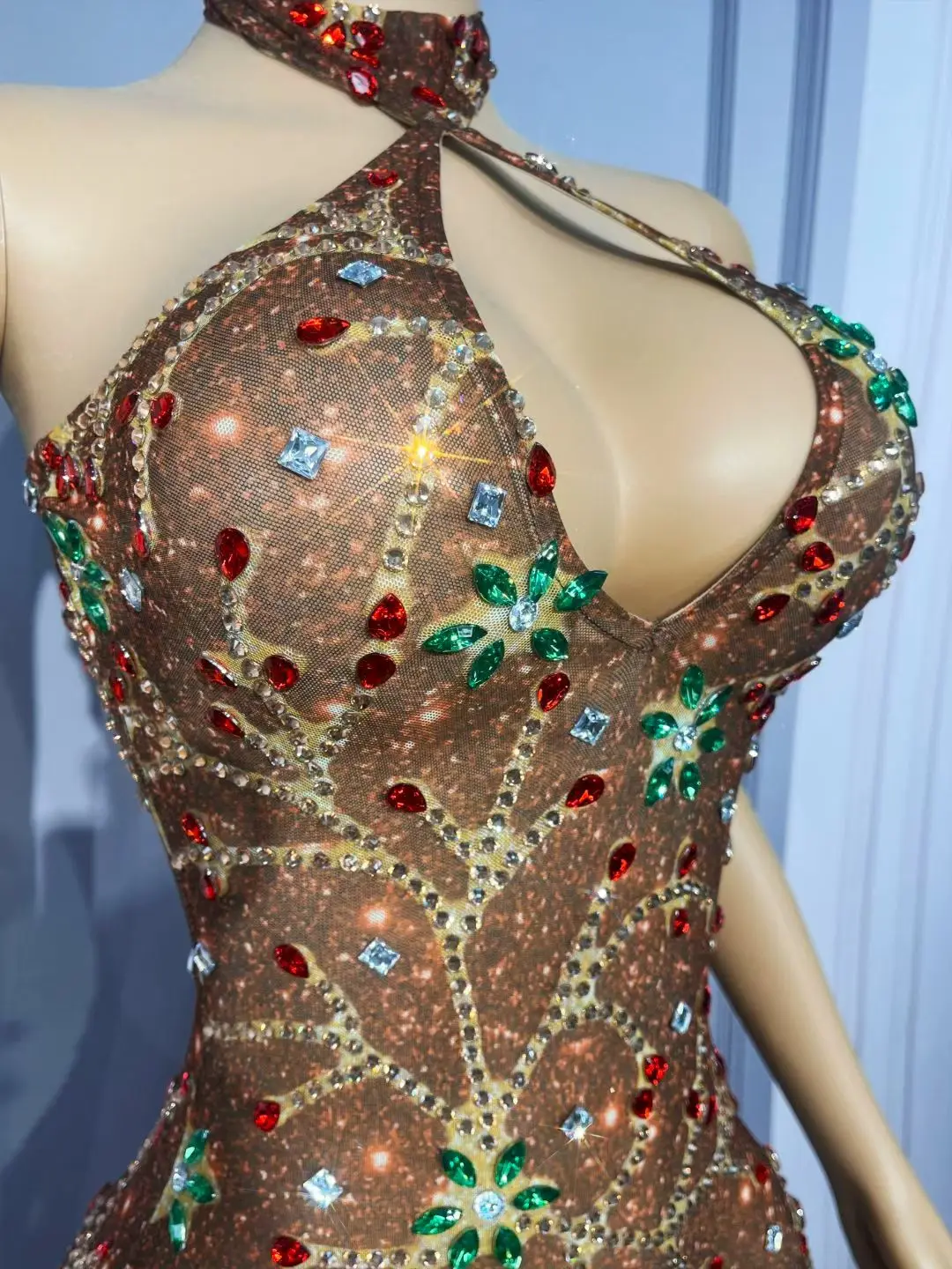Vestido de noche con aberturas laterales altas y diamantes de imitación brillantes, vestido largo ajustado sexi para mujer, traje de malla transparente de corte bajo Huoshenhua