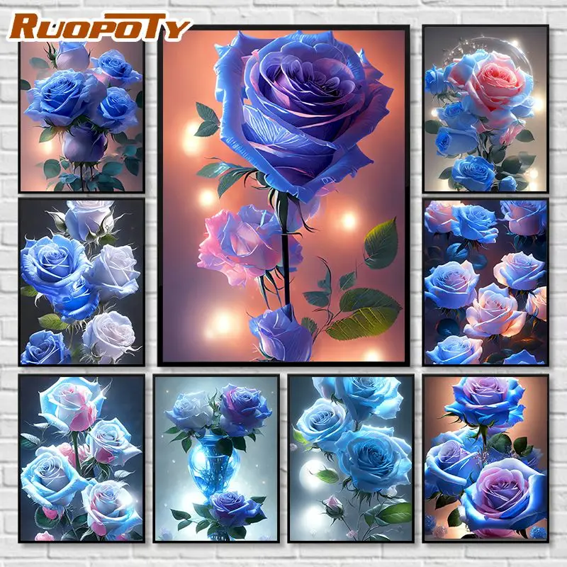 RUOPOTY Oil Painting By Number Blue Roses Acrylic Paints Painting By Number Flower Painting Artwork