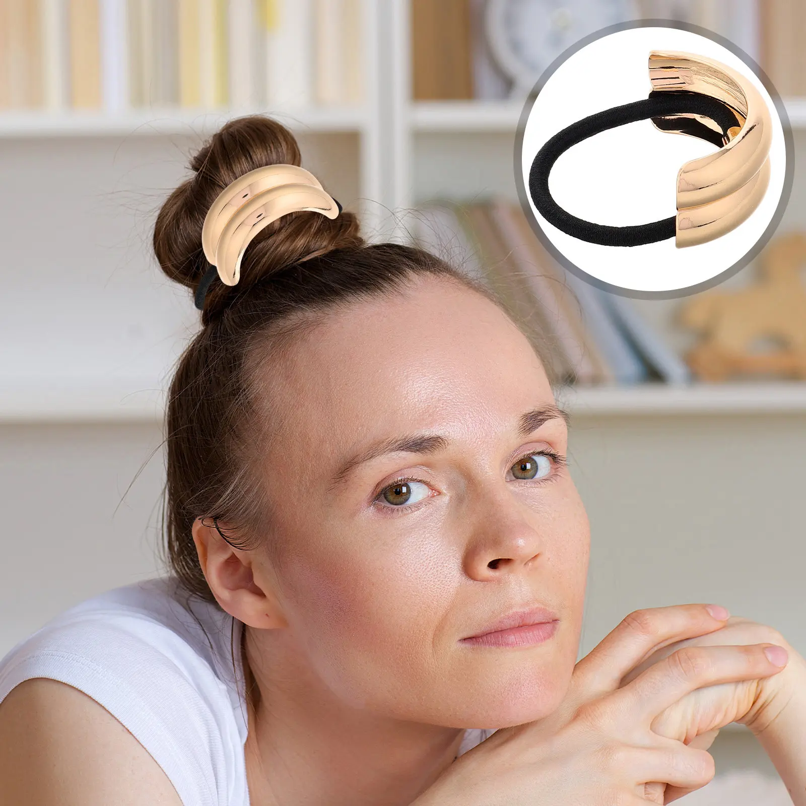 

Metal Geometric Hair Tie Ponytail Cuff Elastic Band for Women Vintage Elegant Stylish Accessory Gold Tone Long Thick Hair