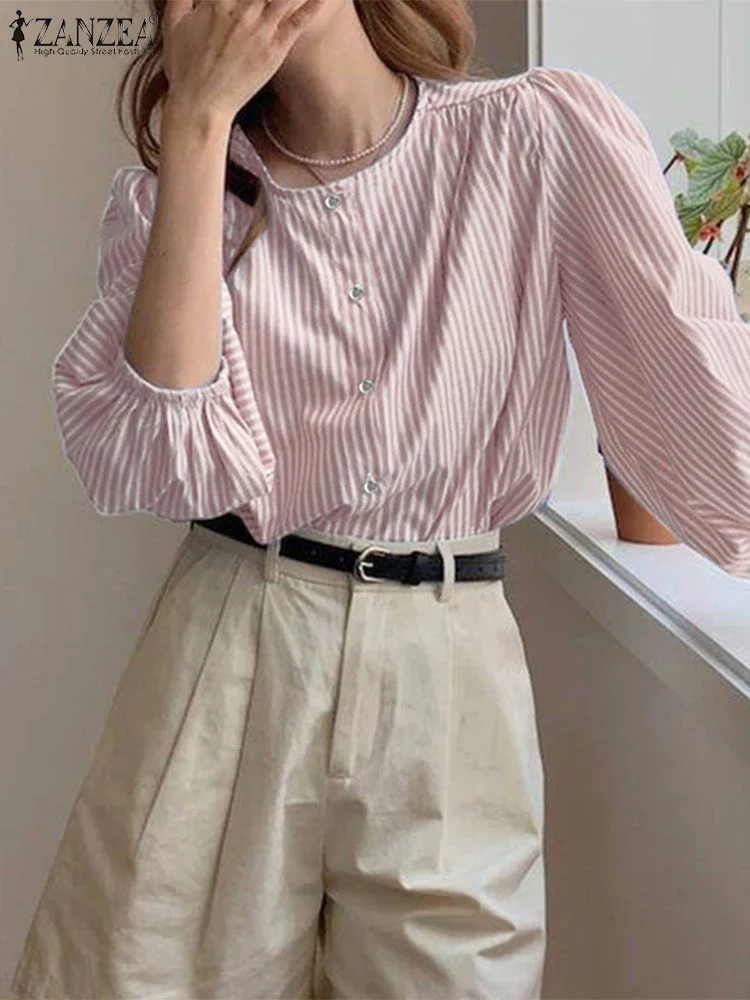 ZANZEA 2025 femmes rayé imprimé hauts vacances col rond automne Blouse longue lanterne manches tuniques mode coréenne boutons Blusas