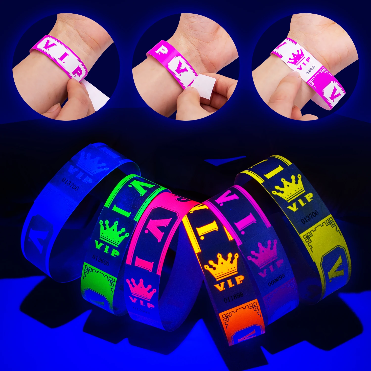 Braccialetti di carta sintetica VIP 600 pezzi tyvek di colore fluorescente con 6 accessori per feste con numero di serie per il Festival dei