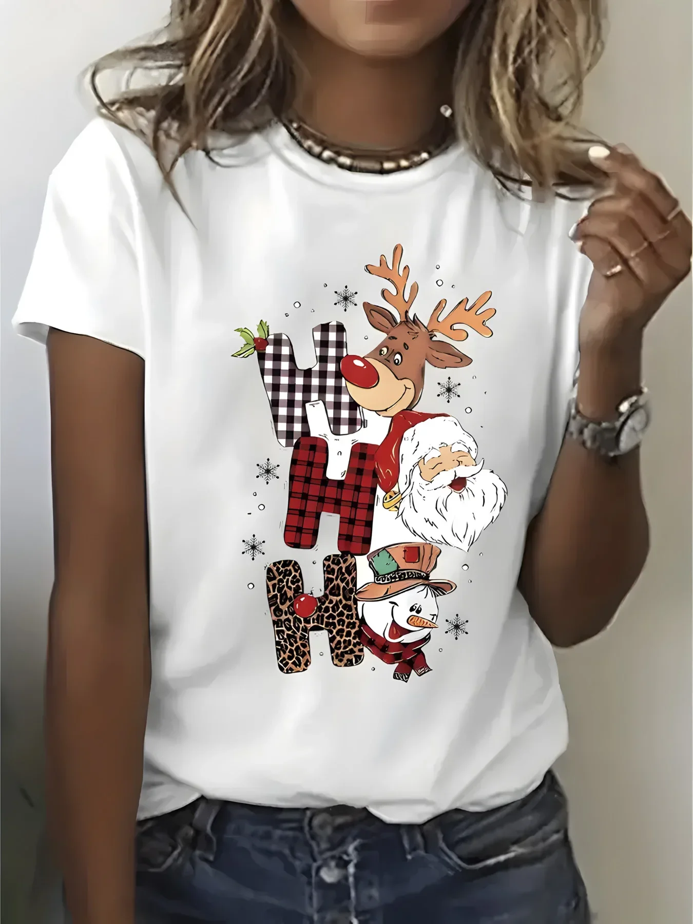 Women's Christmas with Santa Rudolph Print Merry Christmas Lettering Harajuku Sleeve Casual Clothing Street Aesthetic Clothes